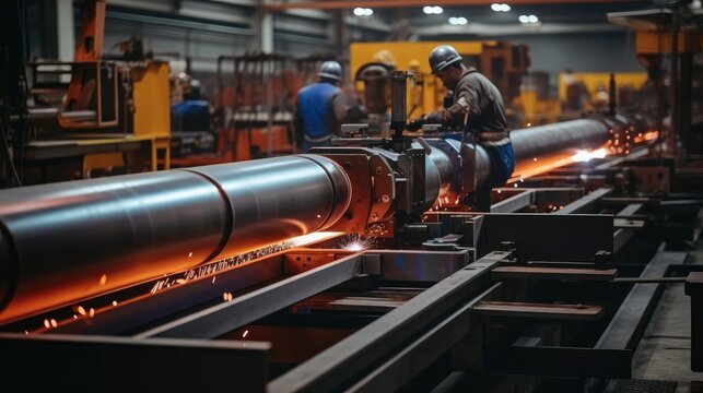 Workers operating machinery on a steel pipe production line with sparks in a factory.
