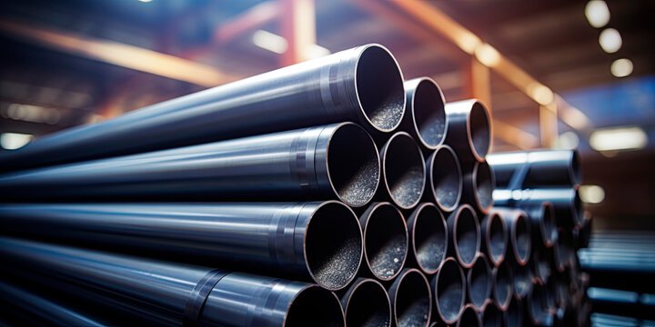 Close-up of stacked round steel pipes showing their circular open ends with warm background lighting.