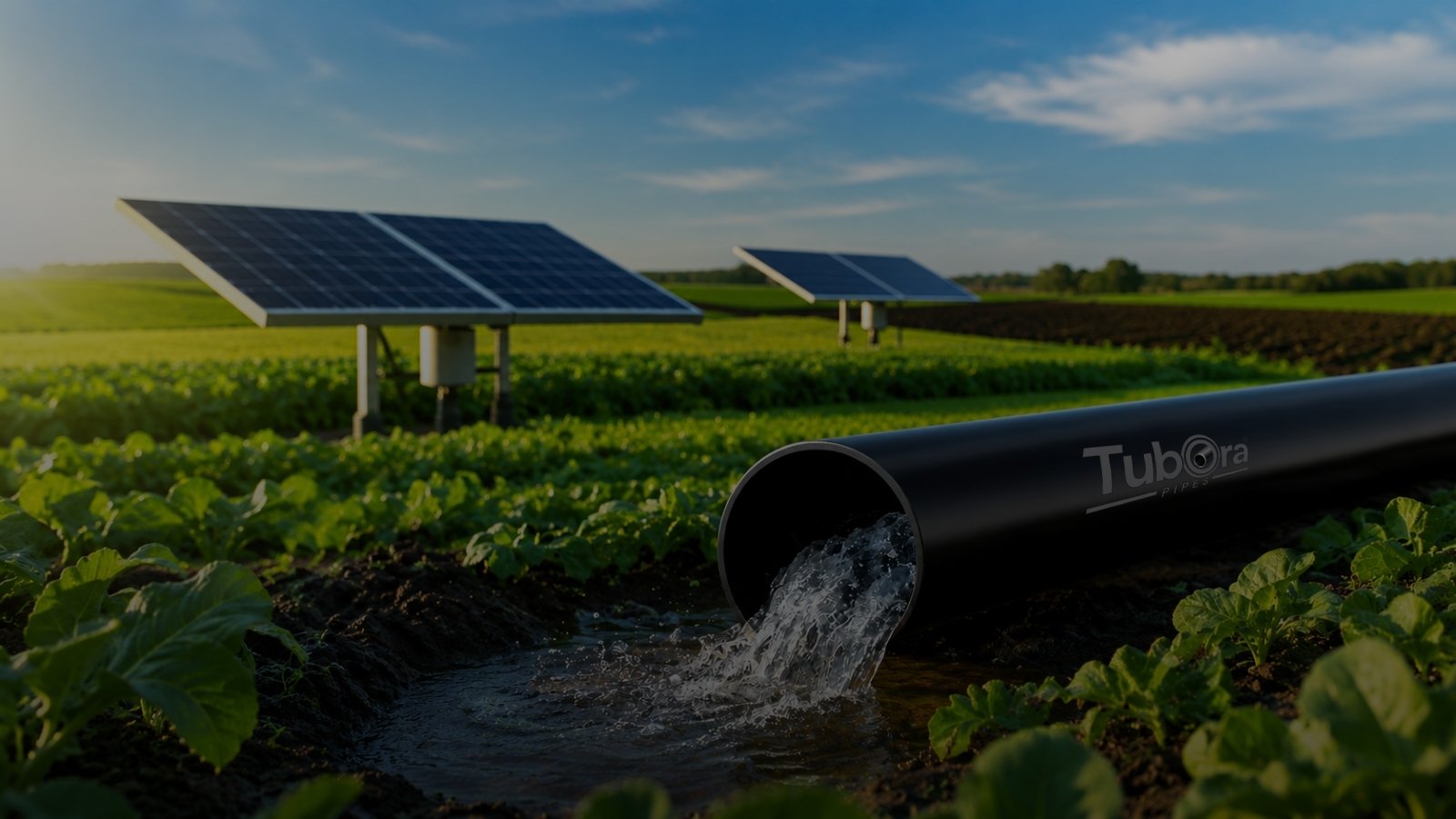 Home 2 Tubora steel pipe discharging water into a green crop field with solar panels in the background.