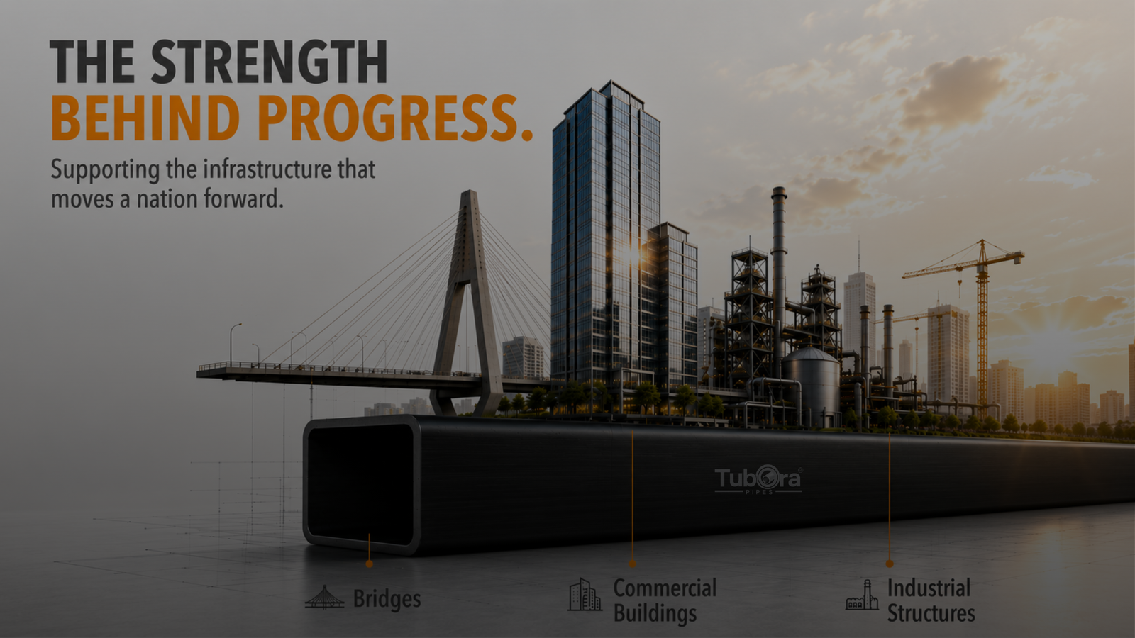 Home 4 Banner reading The Strength Behind Progress over a hollow section, listing bridges, buildings, industrial uses.