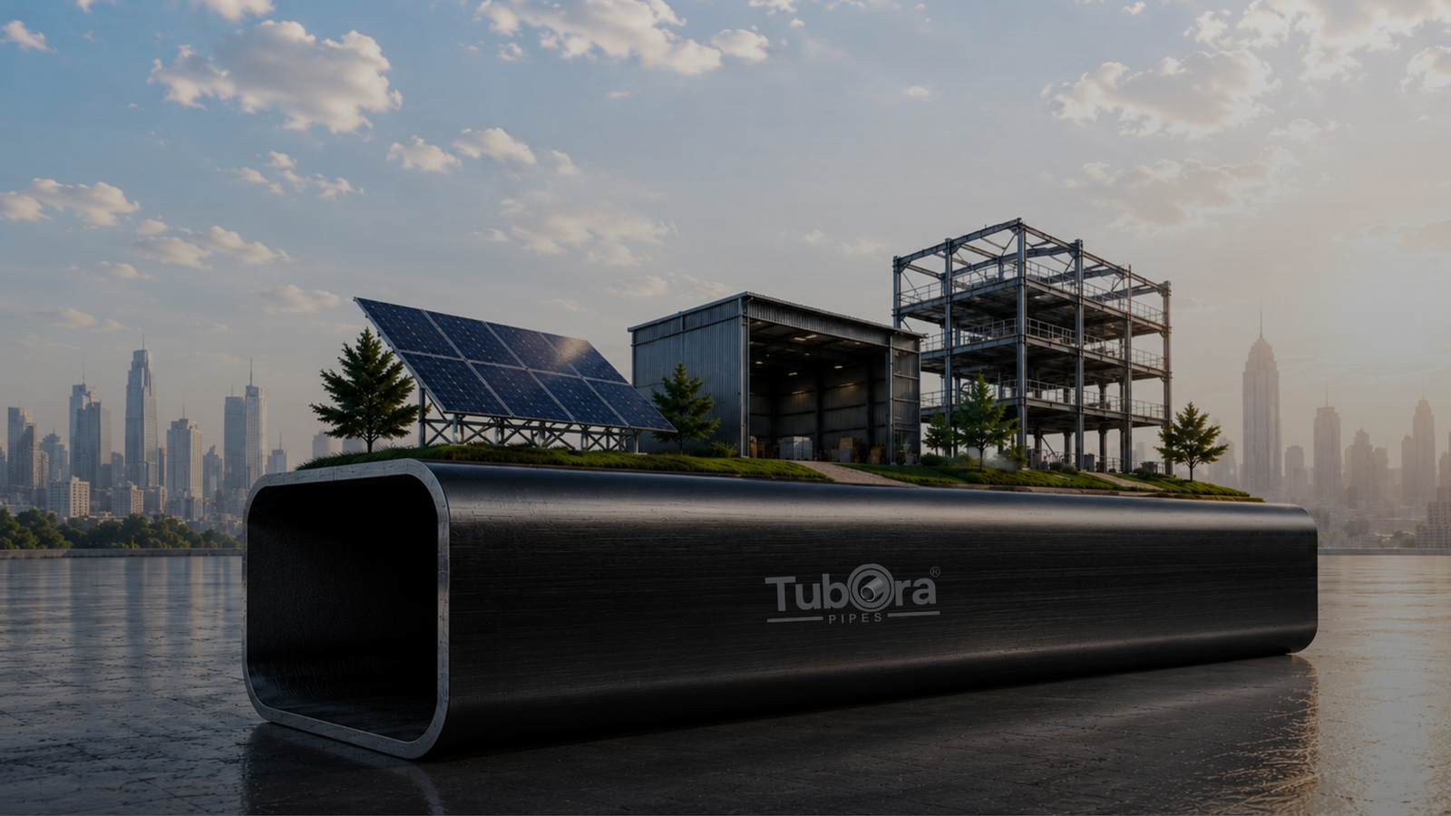 Home 1 Rectangular hollow steel section topped with solar panels, trees and steel-framed buildings by a city.