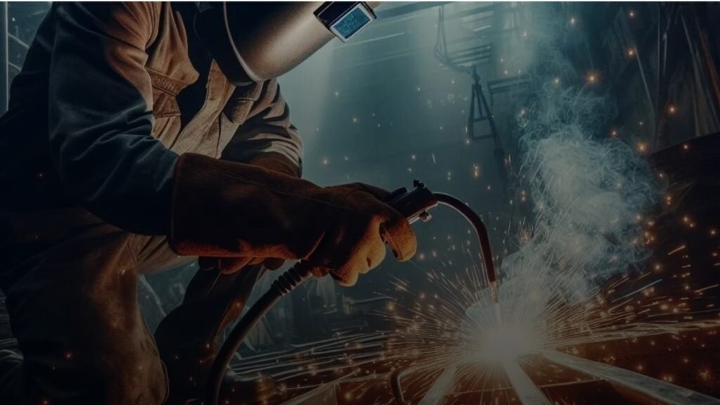 Close-up of a welder in protective gloves welding steel with bright sparks flying in a workshop.