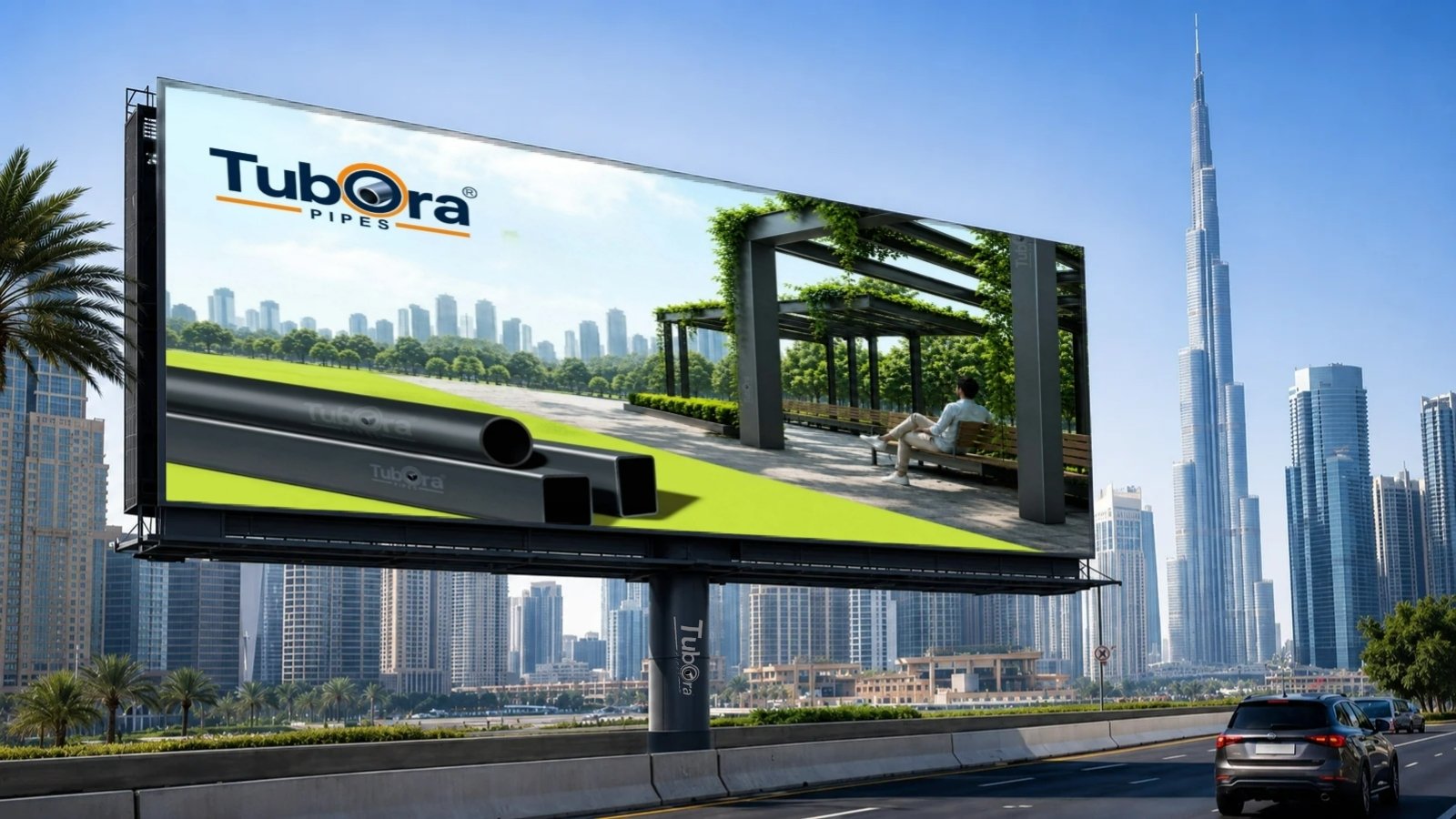 Home 8 Tubora Pipes billboard advertisement showing steel pipes against a modern city skyline and highway.