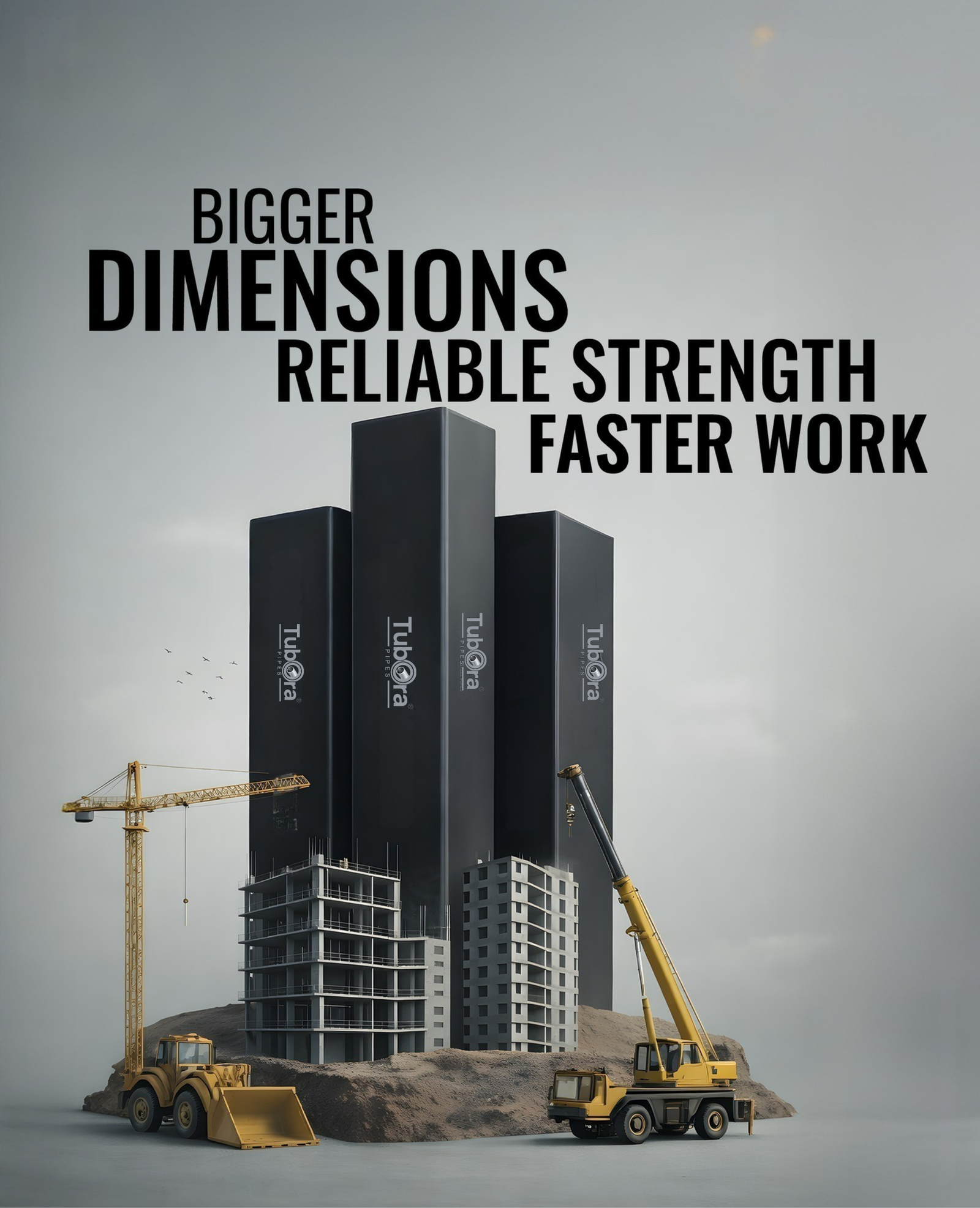 Banner reading Bigger Dimensions Reliable Strength Faster Work over tall branded steel section columns.