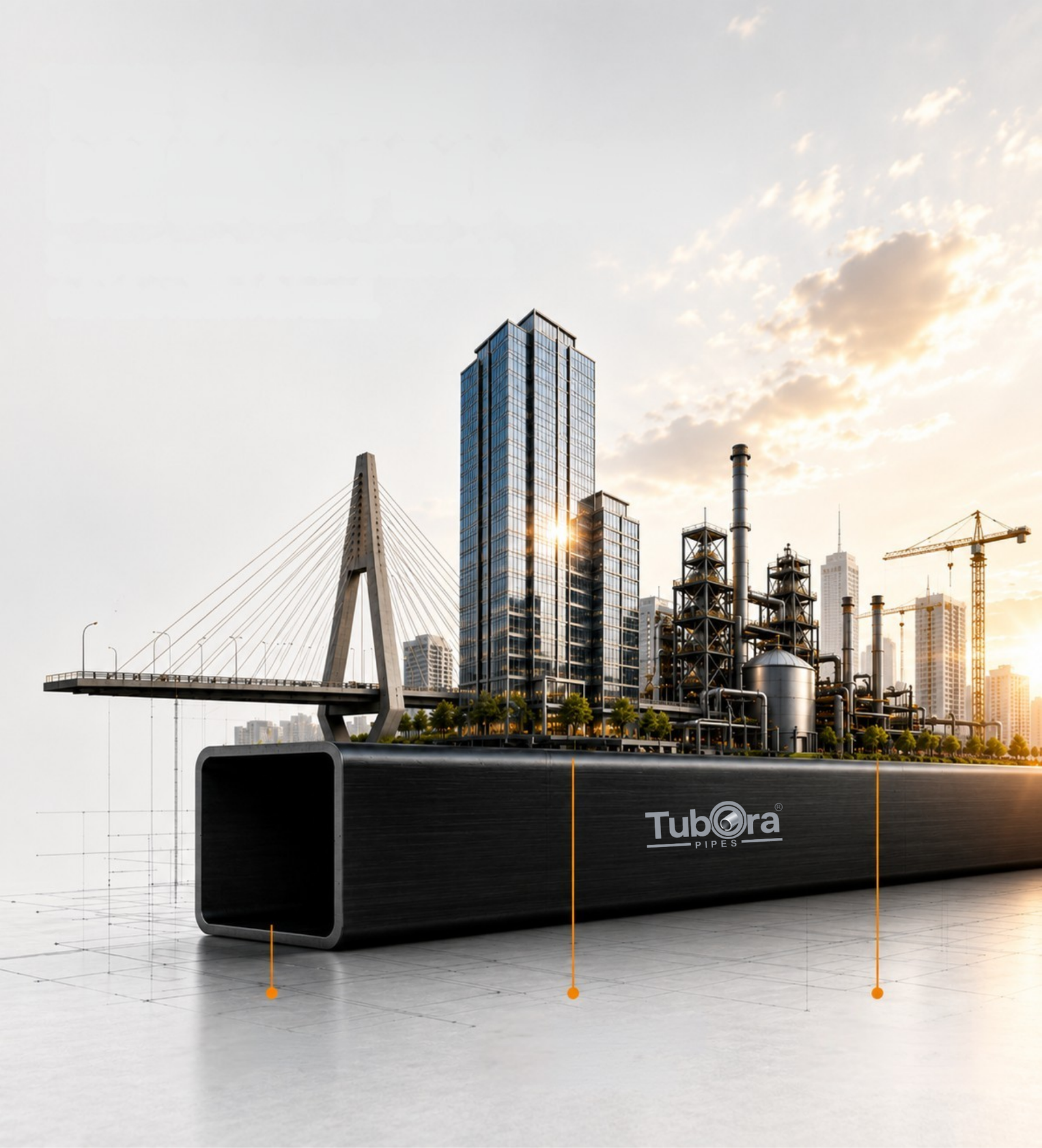 Cable-stayed bridge, skyscrapers and an industrial plant at sunset with a steel pipe in the foreground.