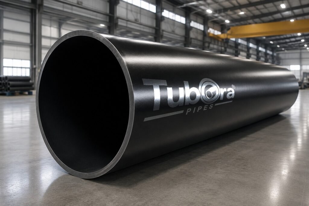 Large-diameter Tubora circular steel pipe lying on a factory floor with the mill in the background.