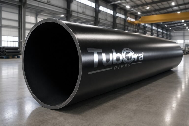Large-diameter Tubora circular steel pipe lying on a factory floor with the mill in the background.