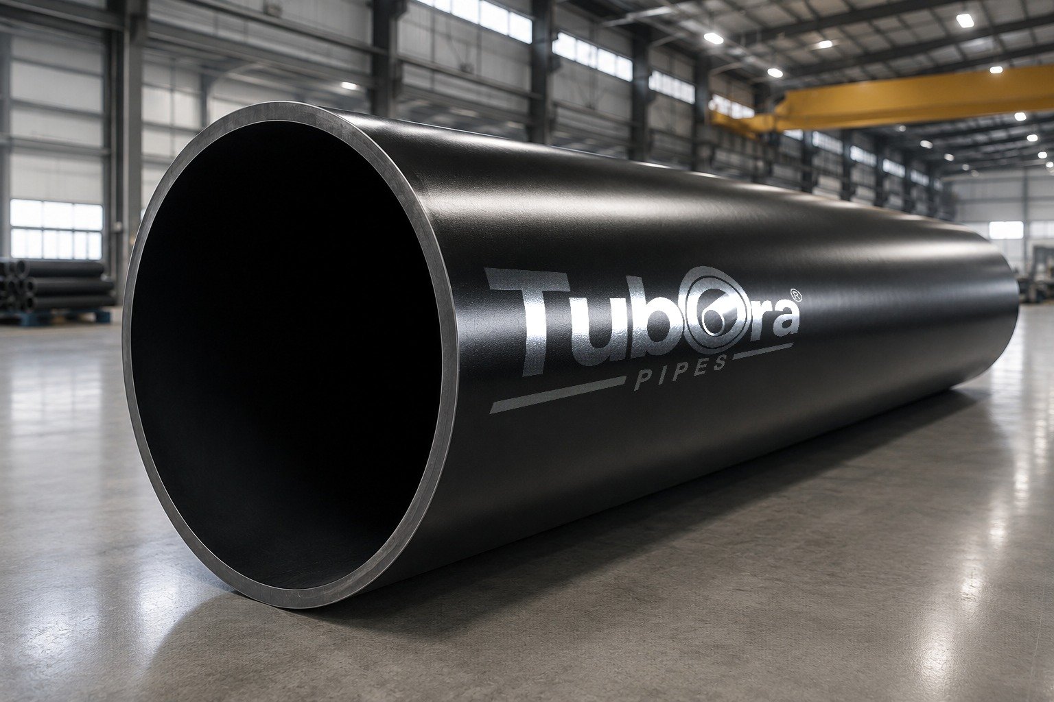 Home 6 Large-diameter Tubora circular steel pipe lying on a factory floor with the mill in the background.
