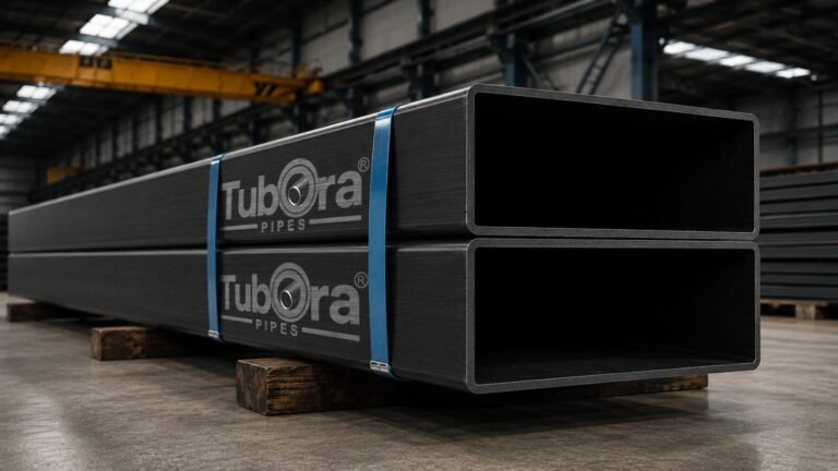 Bundles of branded square hollow steel sections strapped and stacked in a warehouse.