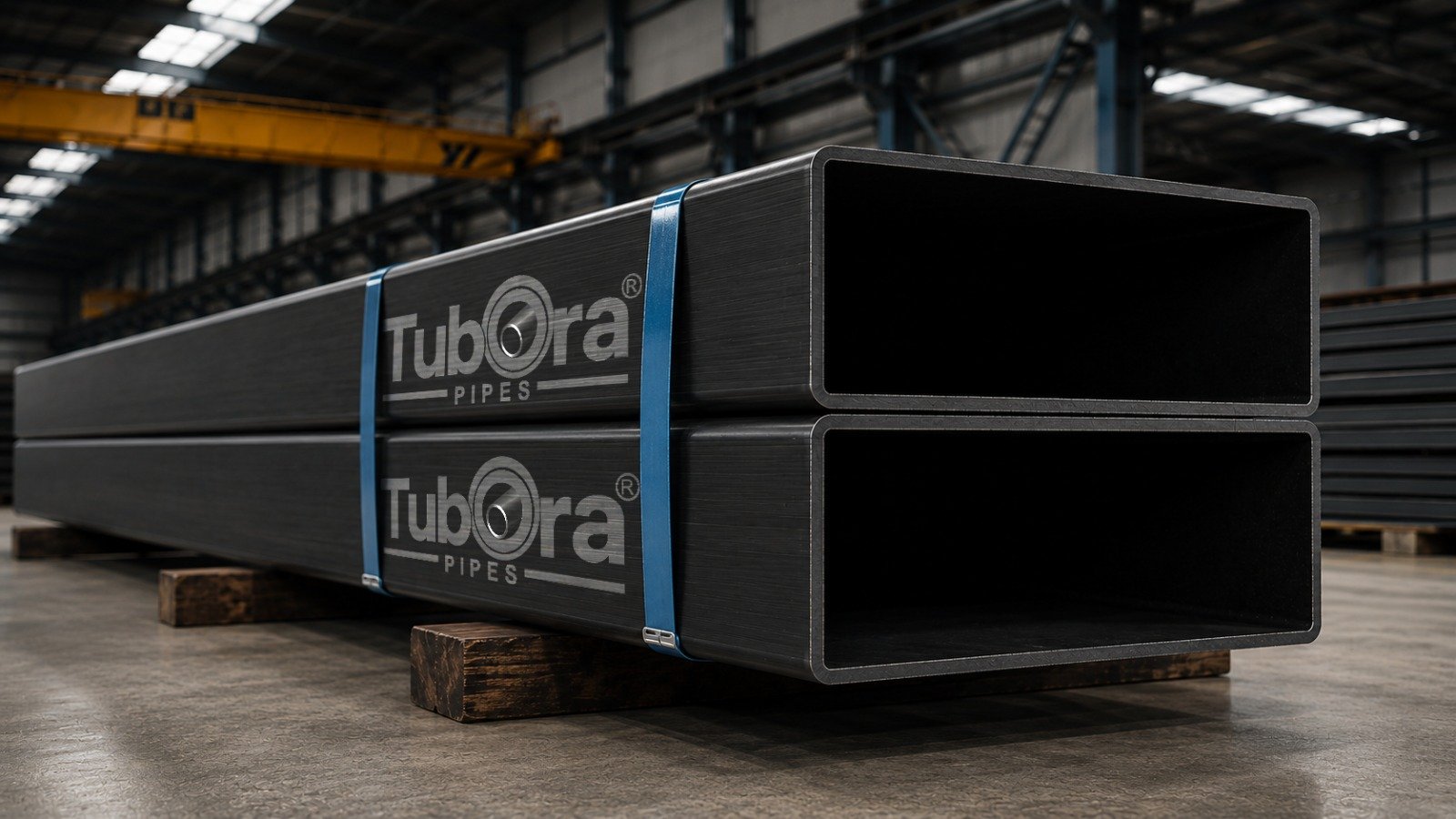 Home 13 Bundles of branded square hollow steel sections strapped and stacked in a warehouse.