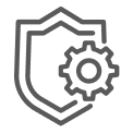 Line icon of a shield containing a gear, symbolizing quality assurance and reliable engineering.