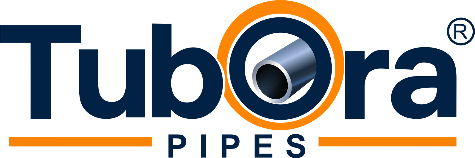 Tubora Pipes brand logo with a steel pipe cross-section forming the letter O in blue and orange.
