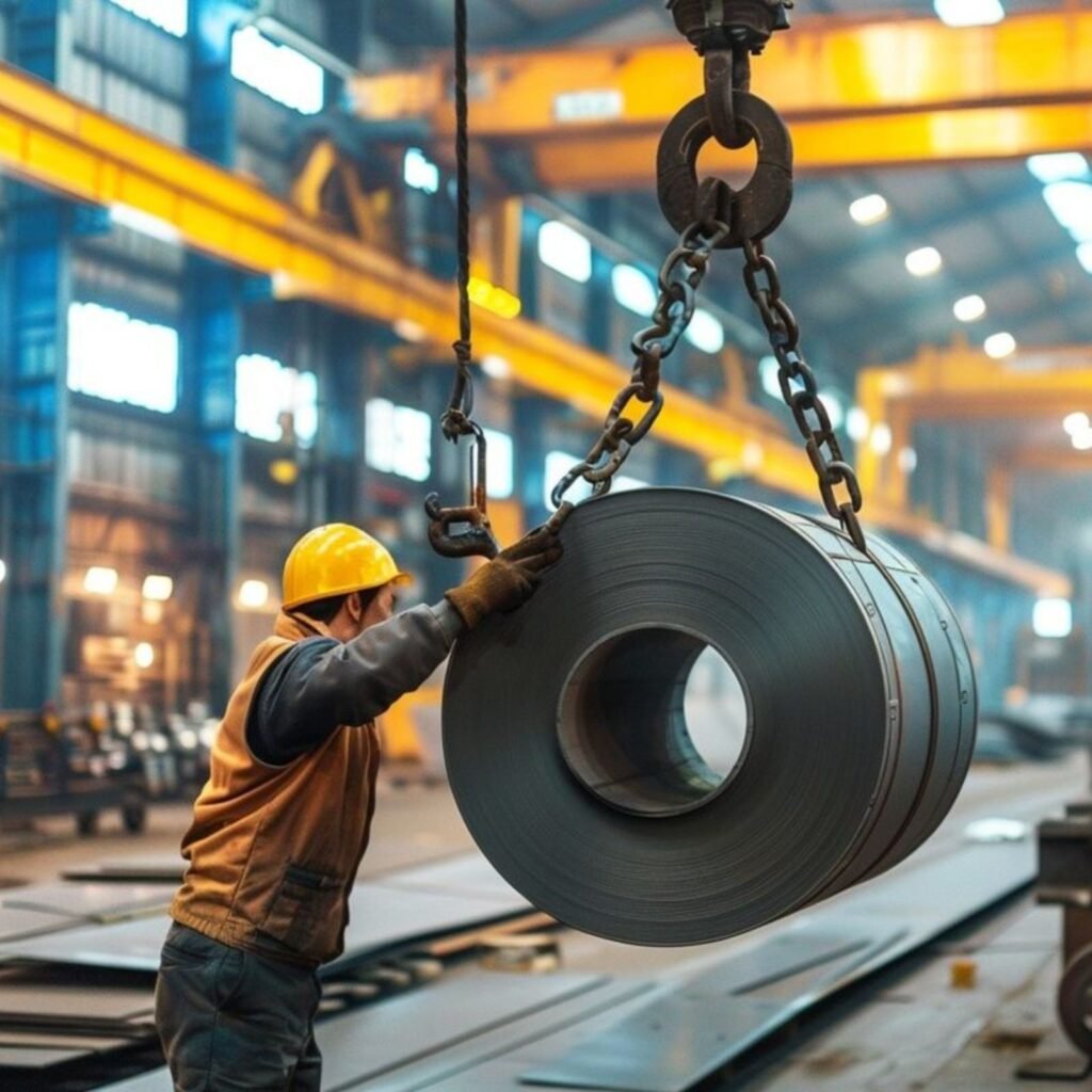 Worker guiding an HR steel coil on a crane at the pipe mill
