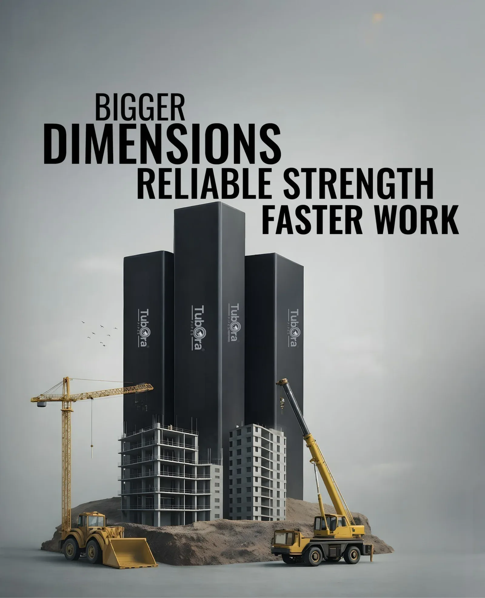 Banner reading Bigger Dimensions Reliable Strength Faster Work over tall branded steel section columns.