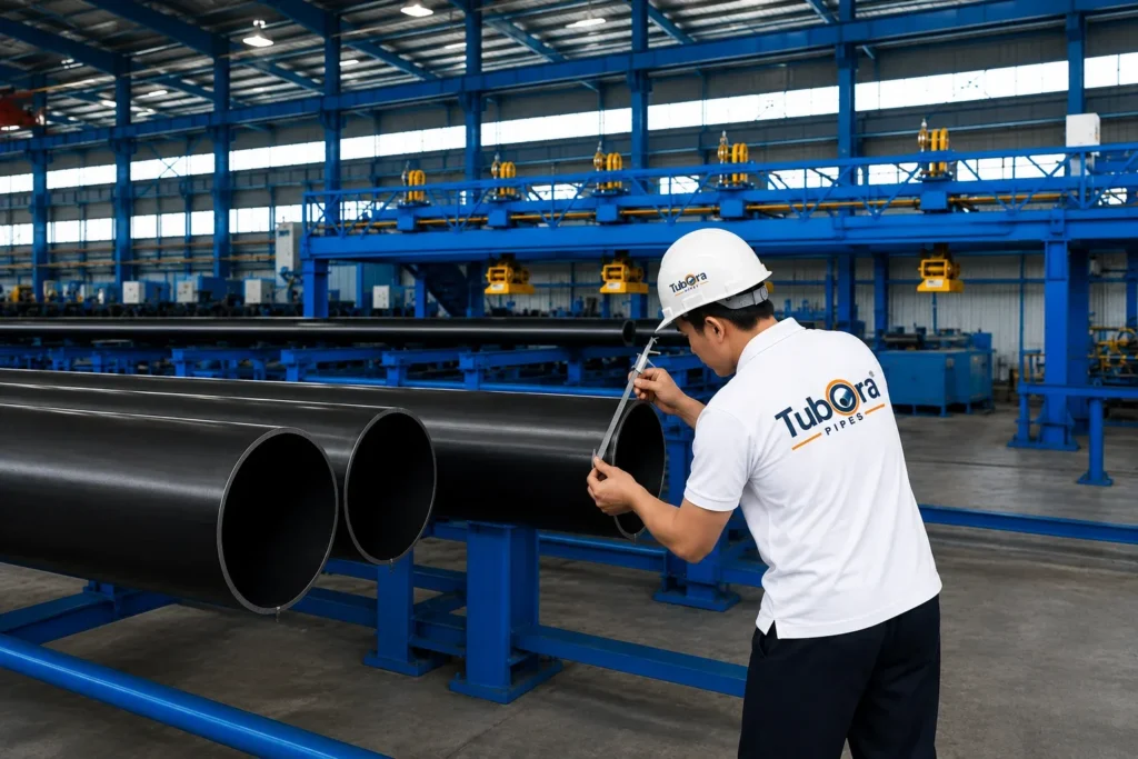 Tubora worker inspecting ERW steel pipes on the production line