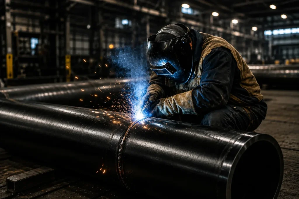 Welder joining a large black ERW steel pipe at the Tubora plant
